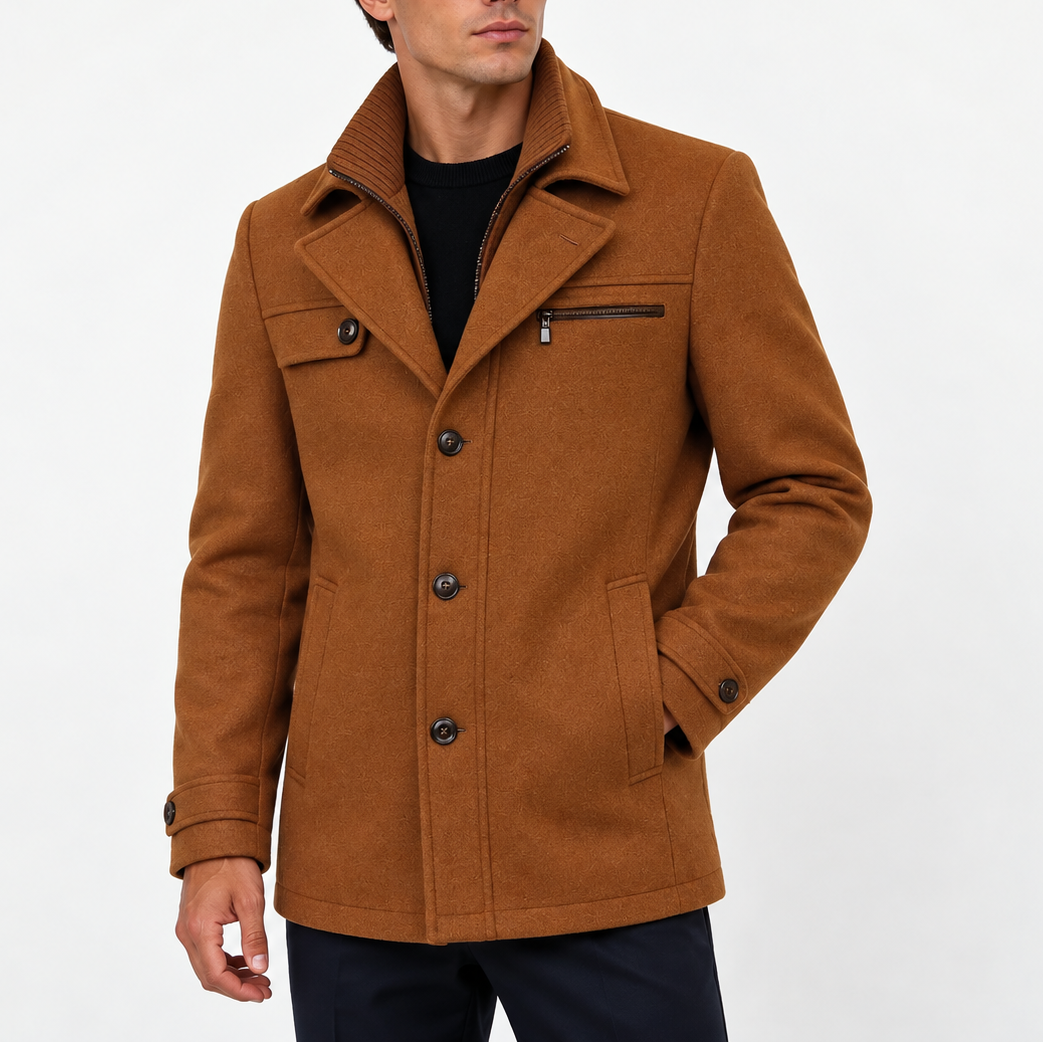 Men’s Wool Blend Coat with Zip Collar and Button Closure