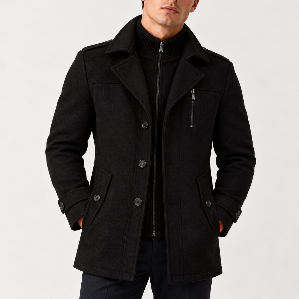 Men’s Winter Coat with High Collar, Zip and Button Fastening