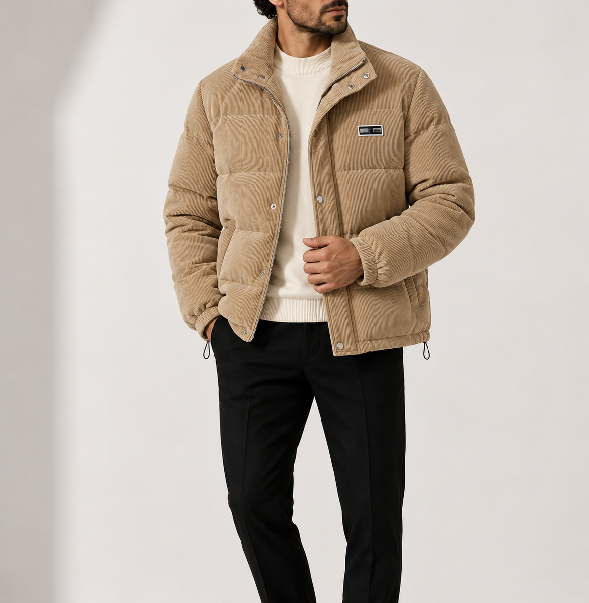 Men’s Corduroy Puffer Jacket with Stand Collar and Zip Fastening