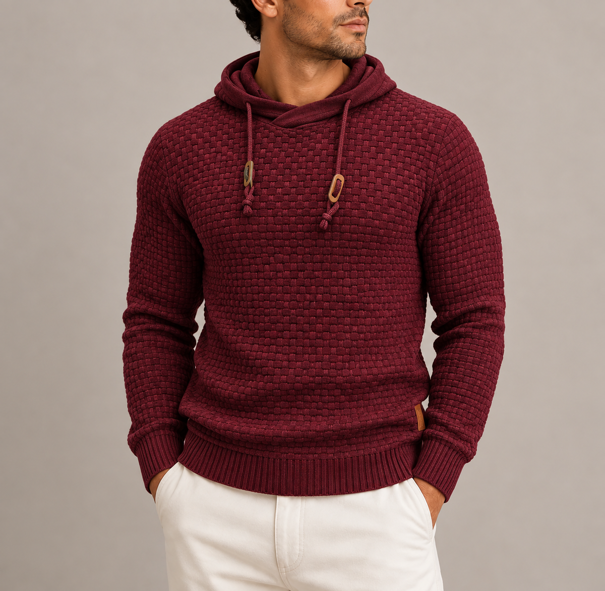 Men’s Textured Knit Pullover Hoodie with Drawstring and Ribbed Cuffs