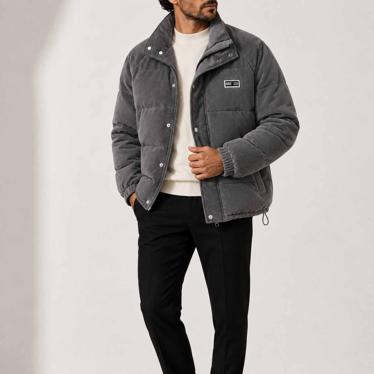 Men’s Corduroy Puffer Jacket with Stand Collar and Zip Fastening