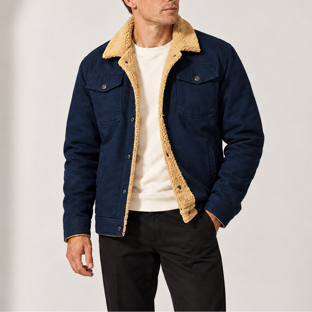 Men’s Sherpa-Lined Trucker Jacket with Fleece Collar and Chest Pockets