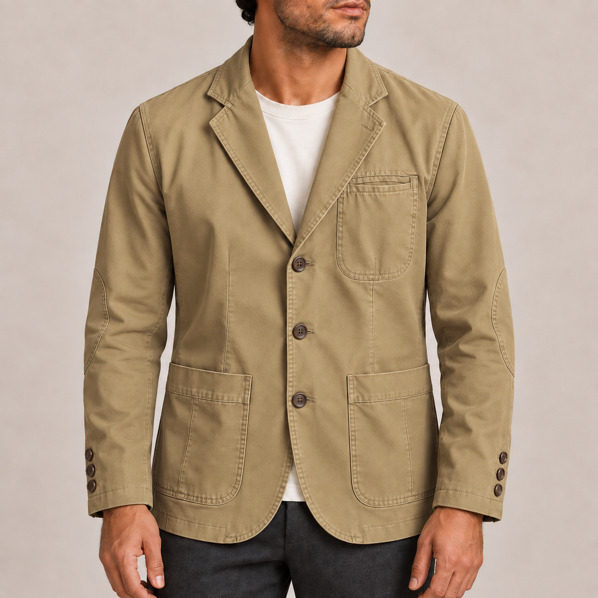 Men’s Three-Button Blazer with Patch Pockets and Elbow Patches