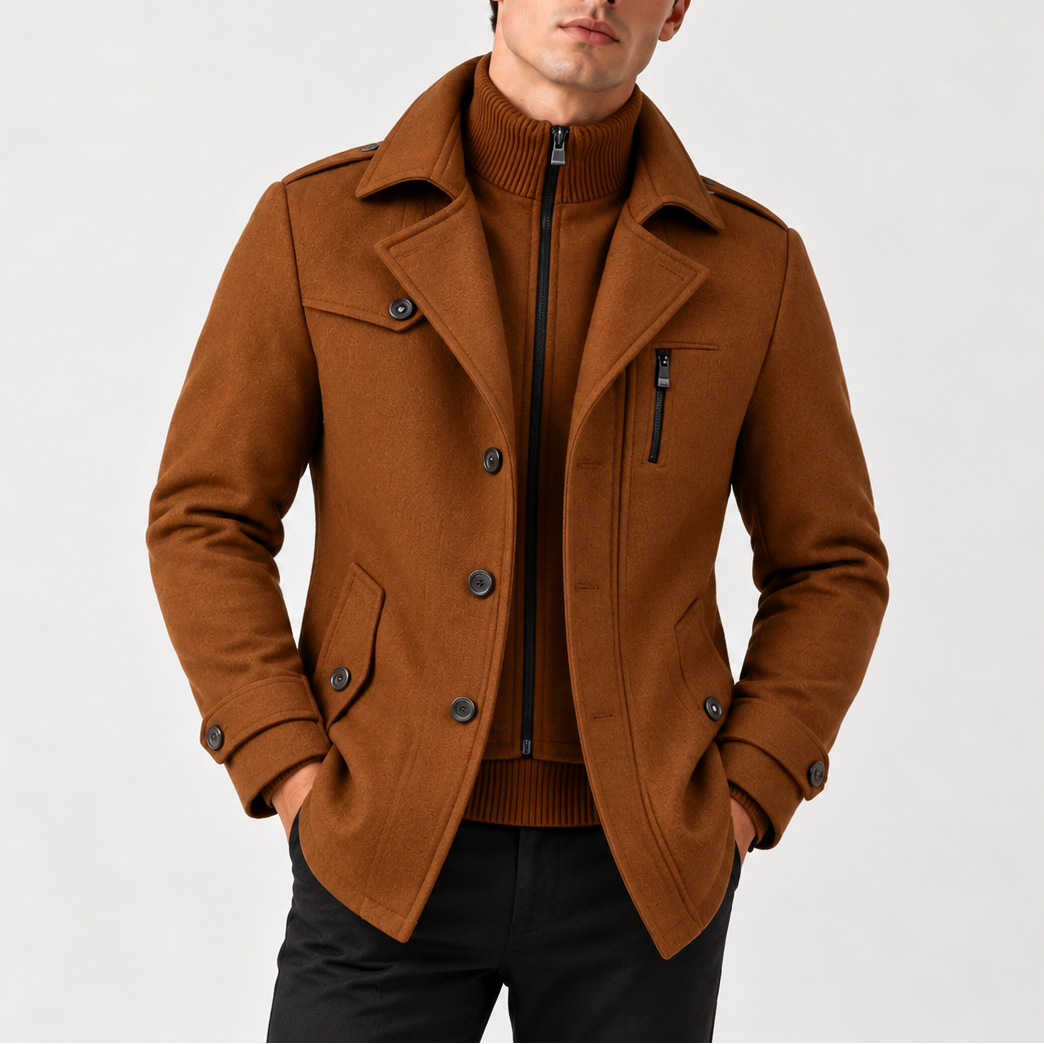 Men’s Winter Coat with High Collar, Zip and Button Fastening
