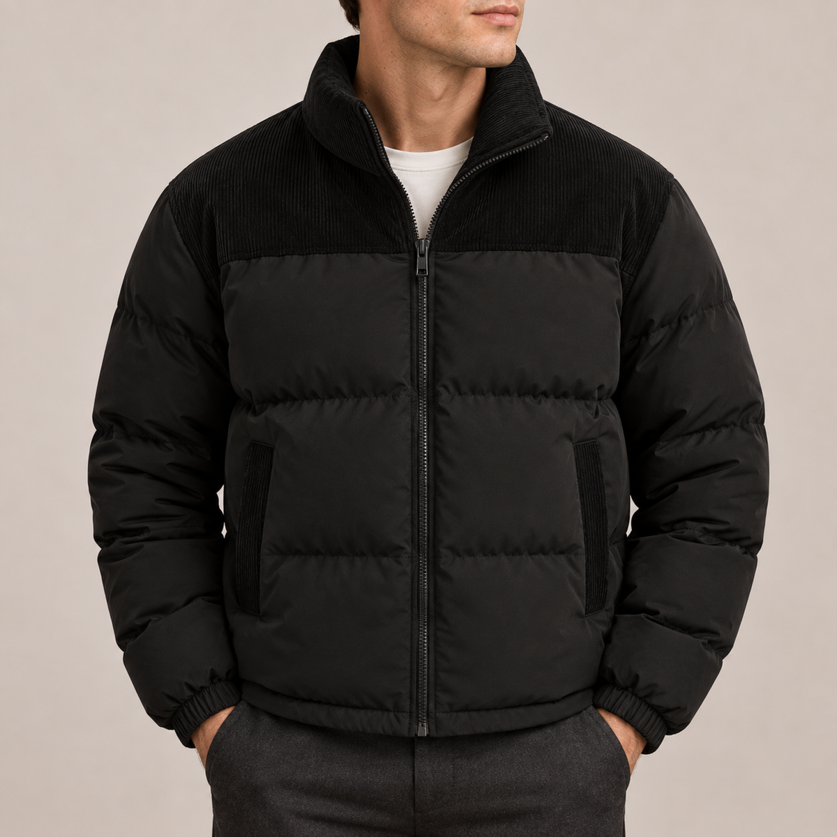 Men’s Puffer Jacket with Corduroy Collar & Panels
