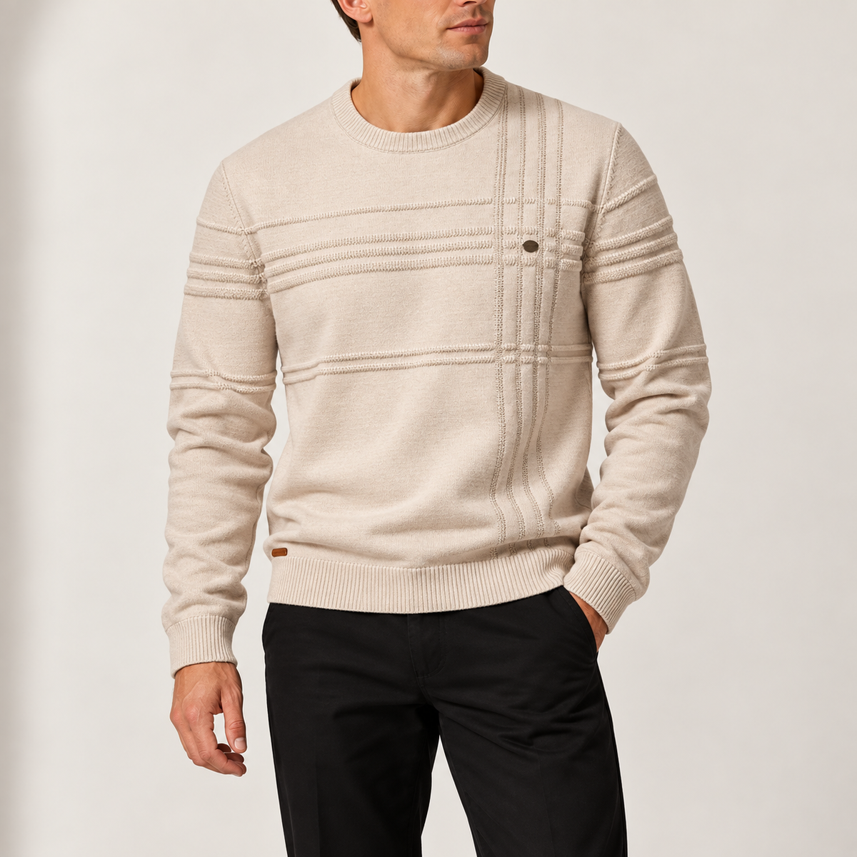 Men’s Textured Crew Neck Knitted Jumper with Long Sleeves
