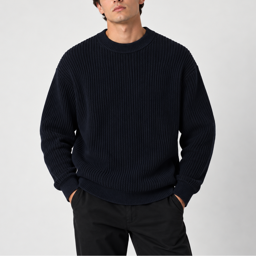 Men's Ribbed Crew Neck Knit Sweater – Relaxed Fit Pullover