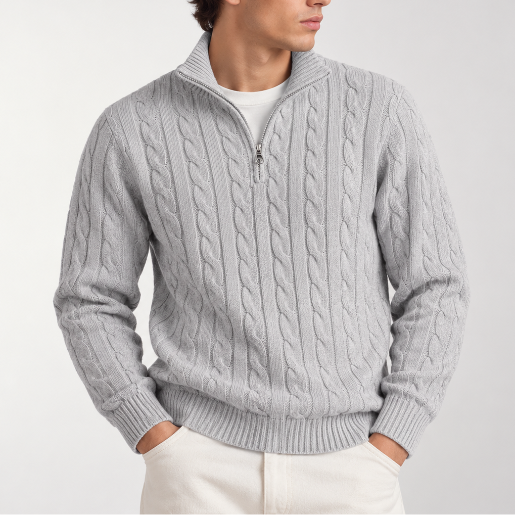 Men’s Cable Knit Quarter Zip Sweater – Classic Knitted Jumper