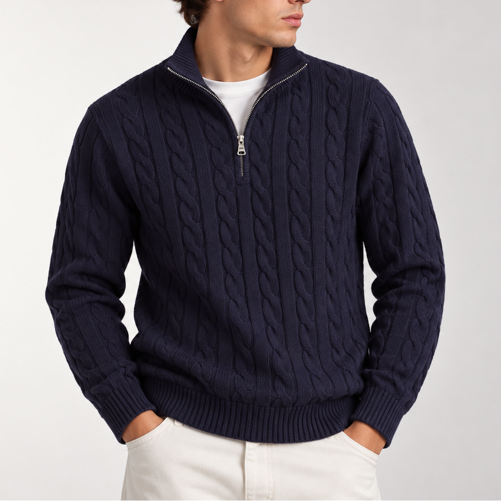 Men’s Cable Knit Quarter Zip Sweater – Classic Knitted Jumper