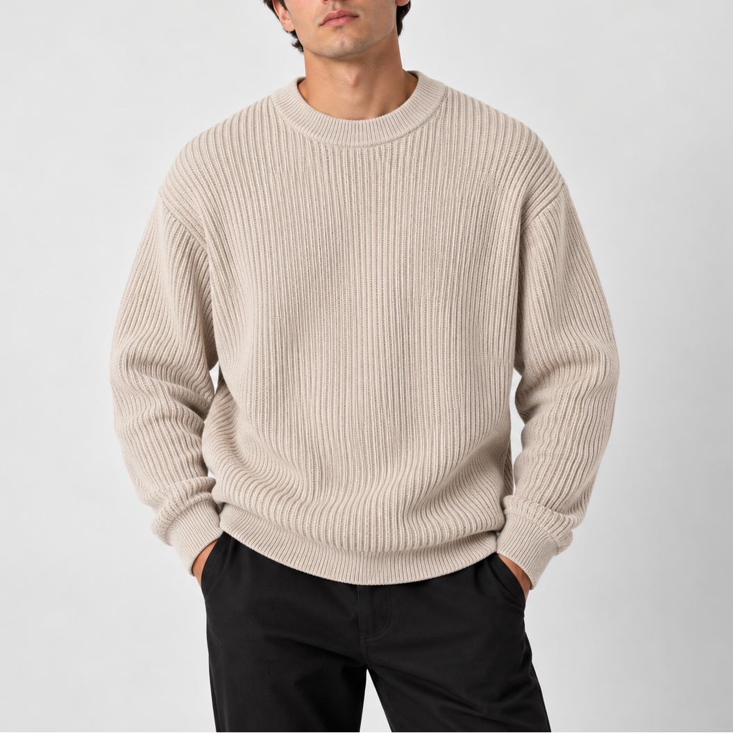 Men's Ribbed Crew Neck Knit Sweater – Relaxed Fit Pullover