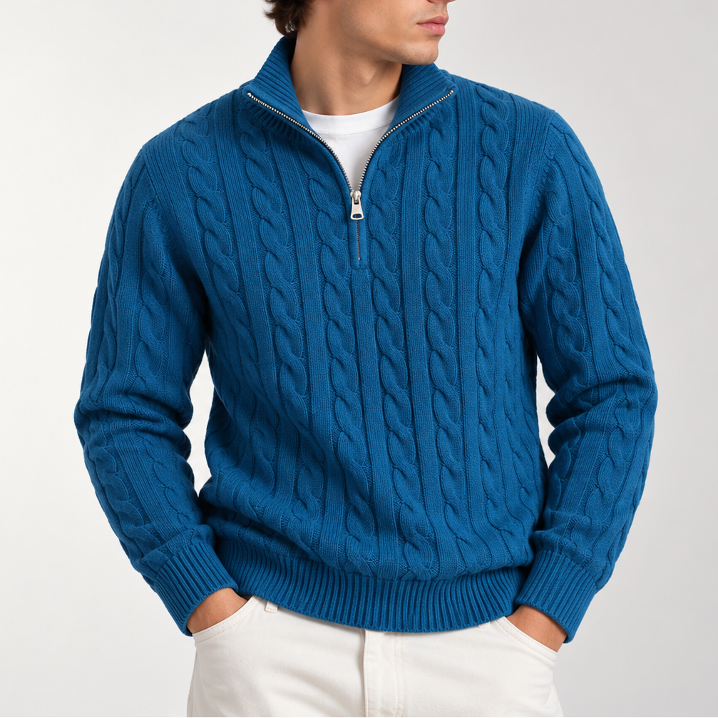 Men’s Cable Knit Quarter Zip Sweater – Classic Knitted Jumper