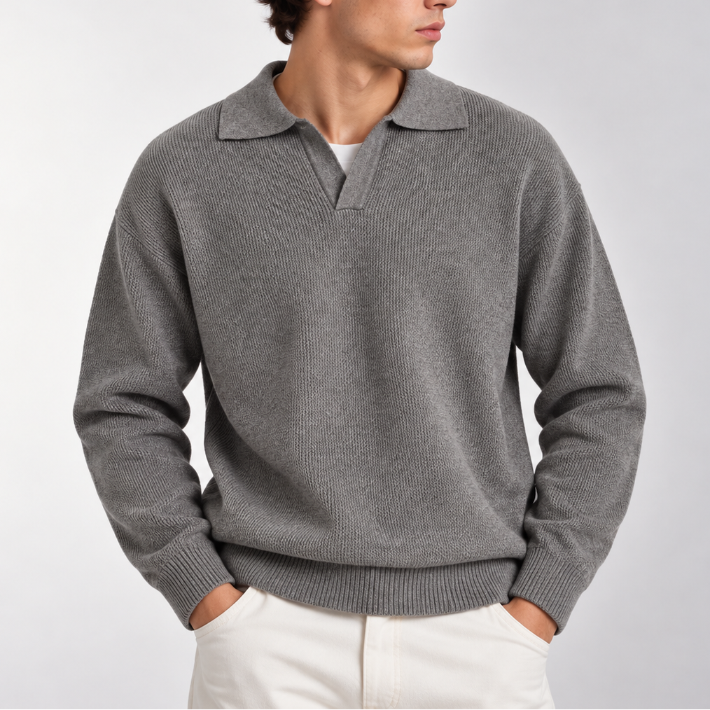 Men’s Knitted Polo Sweater – Long Sleeve Collared Jumper