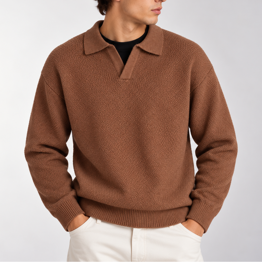 Men’s Knitted Polo Sweater – Long Sleeve Collared Jumper