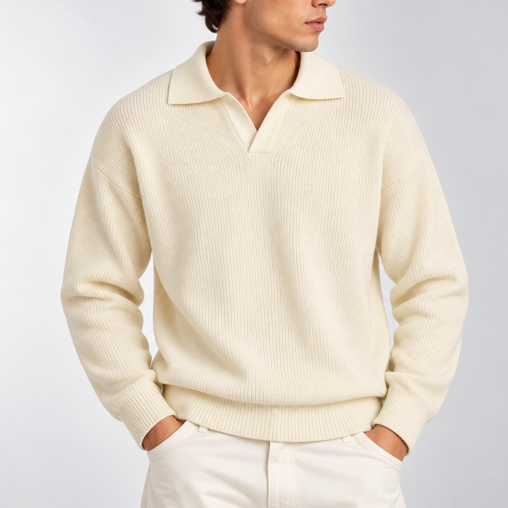 Men’s Knitted Polo Sweater – Long Sleeve Collared Jumper