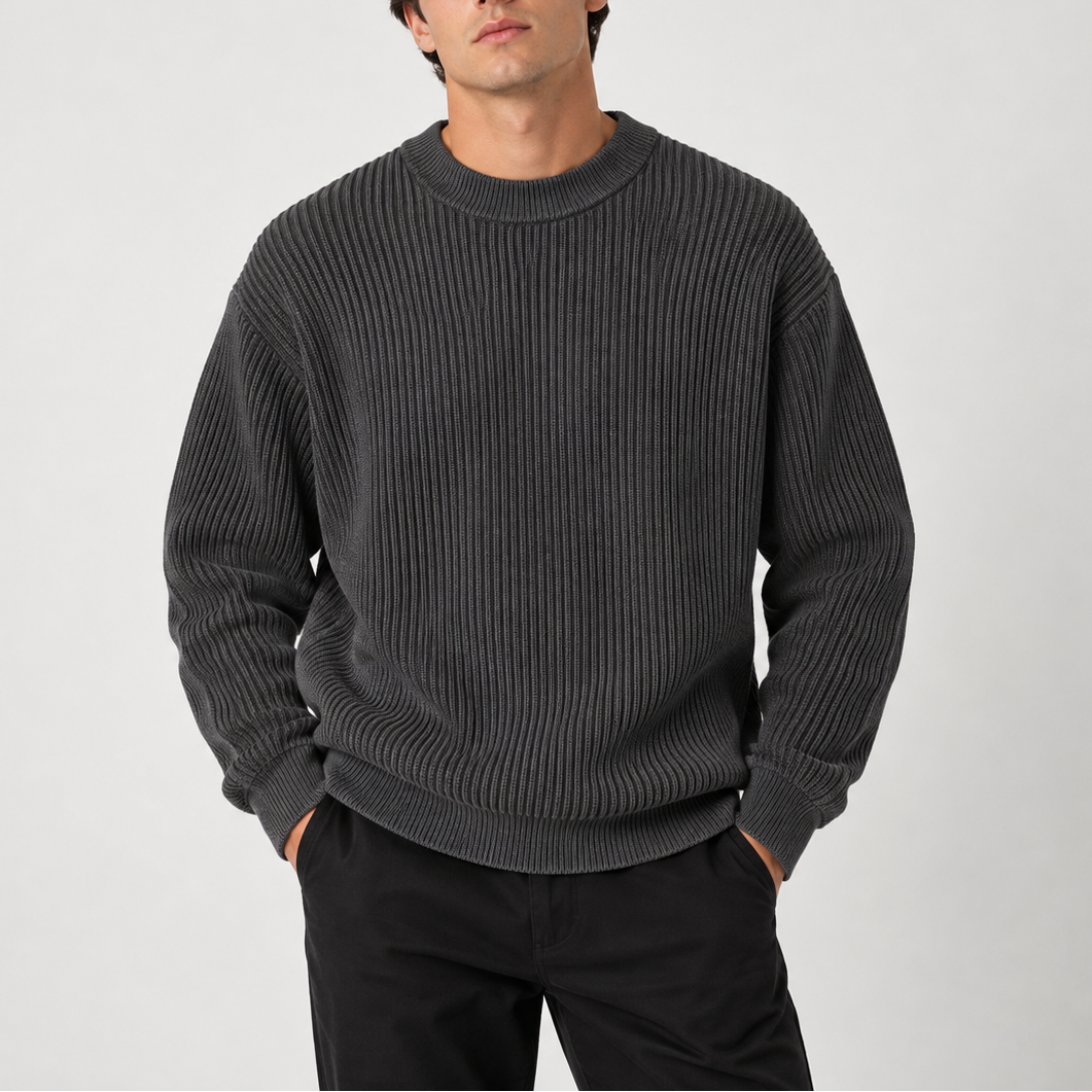 Men's Ribbed Crew Neck Knit Sweater – Relaxed Fit Pullover