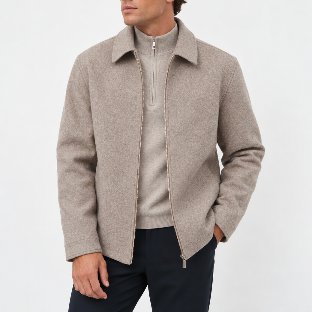 Men’s Wool Blend Zip-Up Jacket with Classic Collar