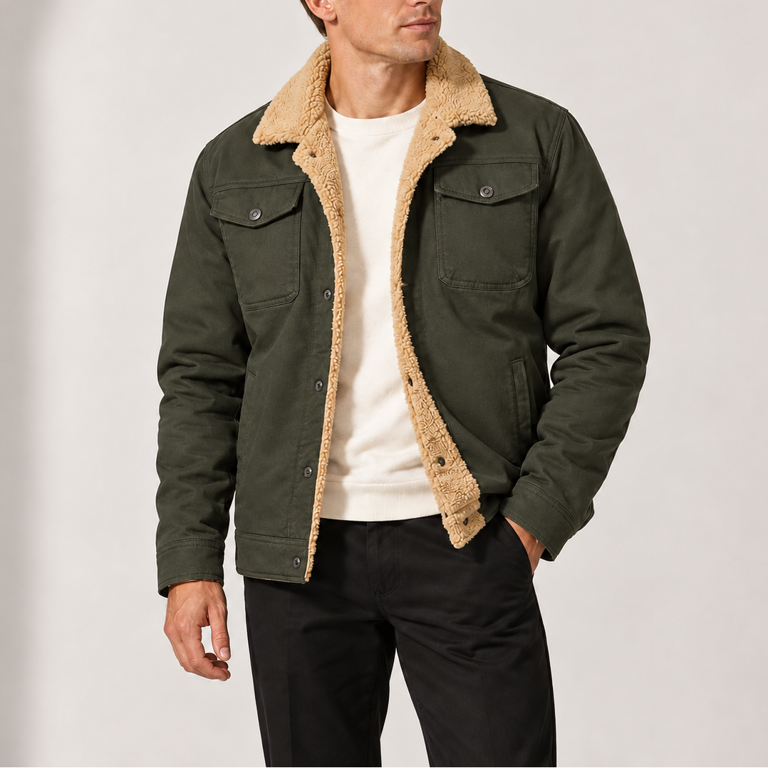 Men’s Sherpa-Lined Trucker Jacket with Fleece Collar and Chest Pockets