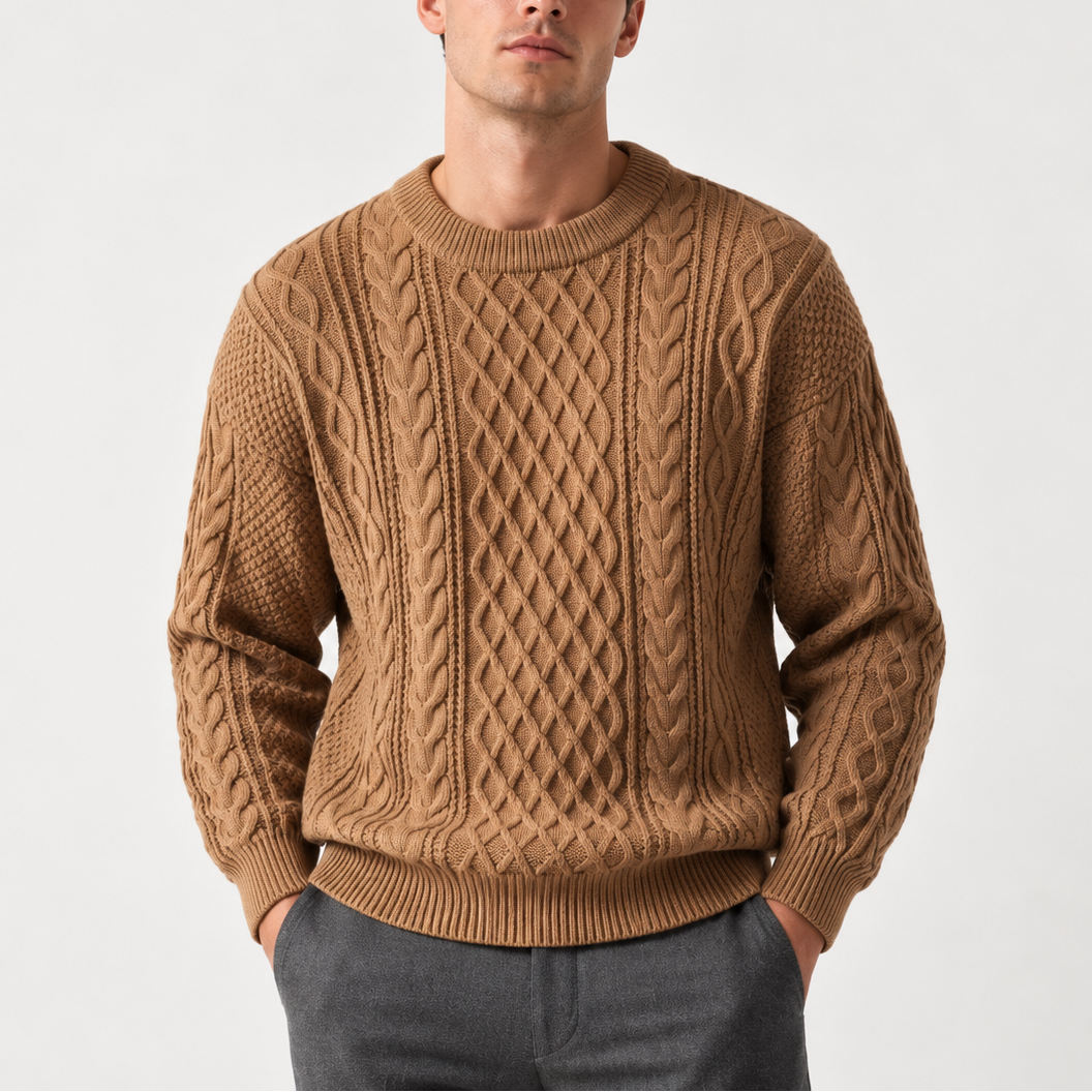 Men’s Grey Cable Knit Crew Neck Sweater – Warm Winter Jumper