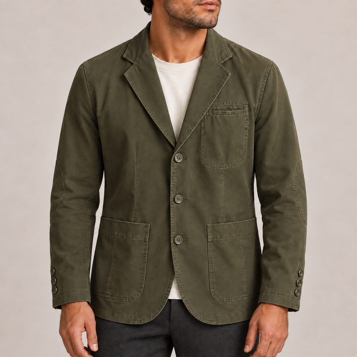 Men’s Three-Button Blazer with Patch Pockets and Elbow Patches